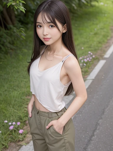 a lot of details, (underweight), 30 years old, detailed black hair, beautiful detailed hair, super fucking beautiful, delicate beautiful face, complex details beautiful and delicate eyes, perfect hands, (flat chest best quality:1.5), perfect and delicate limbs, detailed skin, best quality, ultra-detailed,(cheerful grin:1.3),
grassland, blissful, standing, looking to the right, straight hair, khaki short cargo pants, gray tank top, japanese, with a hill, with a flower, in the afternoon, full body shot, from side, birds-eye view, midday