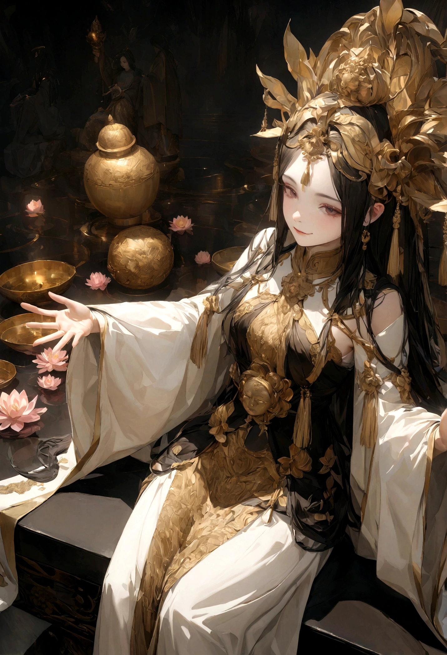 (Chinese immortals), (Buddhism), Multip_Hands,(mythological stories), (bodhisattva), She sits on a lotus, (Three hands on the left,Three hands on the right, Each hand holds a different Buddhist vessel, left right symmetry),(Delicate and beautiful face), (White silk robe)sitting on a lotus flower, Frontal photo,Light smile, neo-classical, OP Art, Chiaroscuro, Cinematic lighting, god light, Ray tracing, character sheets, projected inset, first person perspective, hyper HD, Masterpiece, ccurate, Textured skin, Super detail, High details, High quality, Award-Awarded, Best quality, A high resolution, 8K