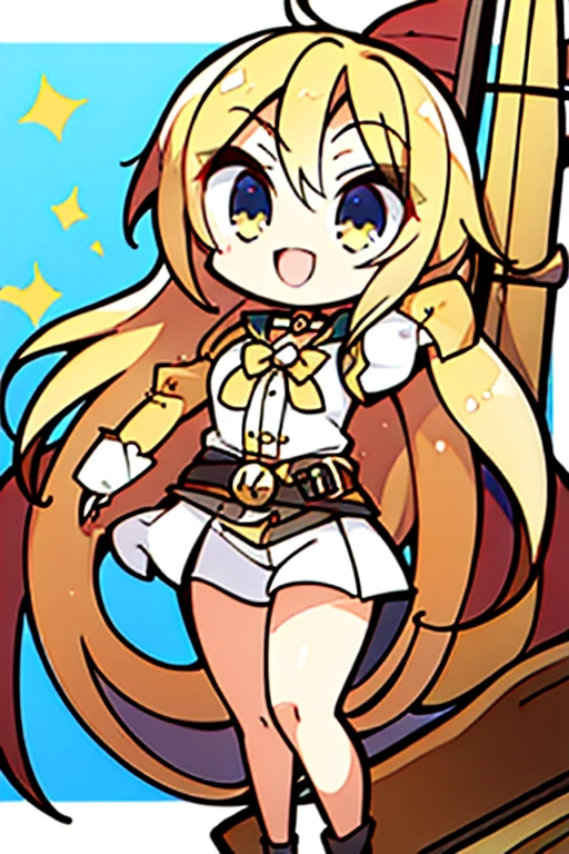 A golden-haired female angel with hazel eyes and an hourglass figure, wearing a conservative pirate's outfit is posing on a pirate ship with a big smile with a golden parrot