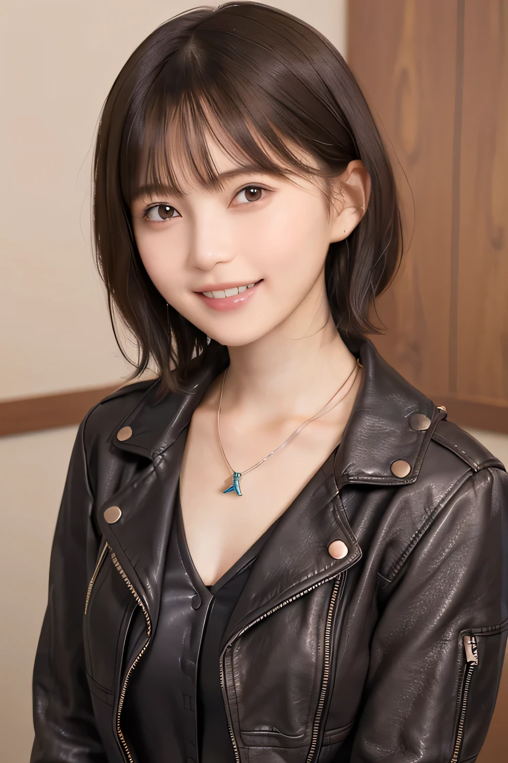 205 ((short hair)), 20-year-old female, Surrealism, Flower smile、Gums are visible、Beautiful teeth alignment、Brown Hair、Ear piercing、Necklace around the neck、leather jacket、shirt、shirt、Smiling with teeth showing、Shoulder Fashion、The background is in the room、Big Breasts、underwear