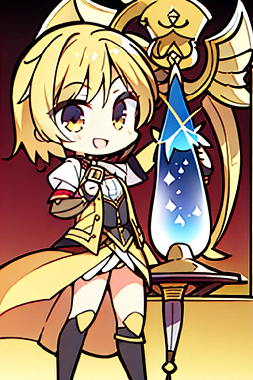 A golden-haired female angel with hazel eyes and an hourglass figure, wearing a conservative pirate's outfit is posing on a pirate ship with a big smile with a golden parrot