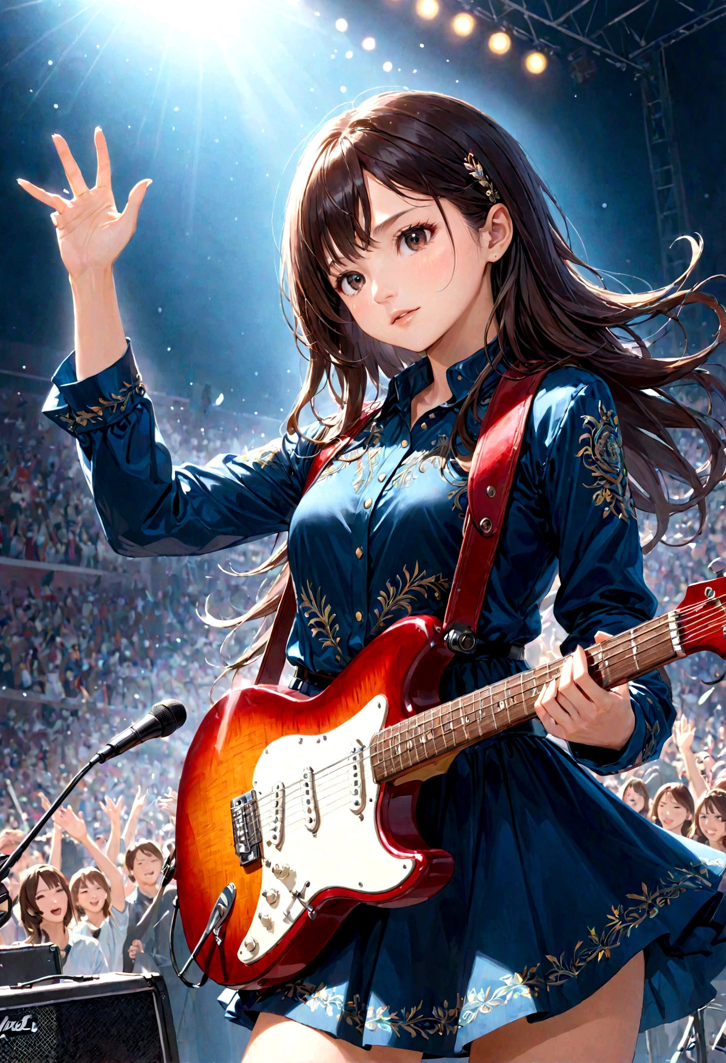 woman、Musician、Electric guitar、Raise one hand
