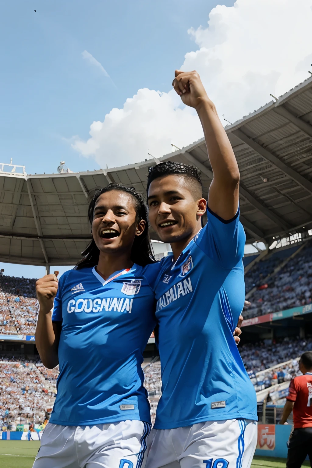 Guatemalan fans celebrating a goal in the stadium wearing blue and white shirts