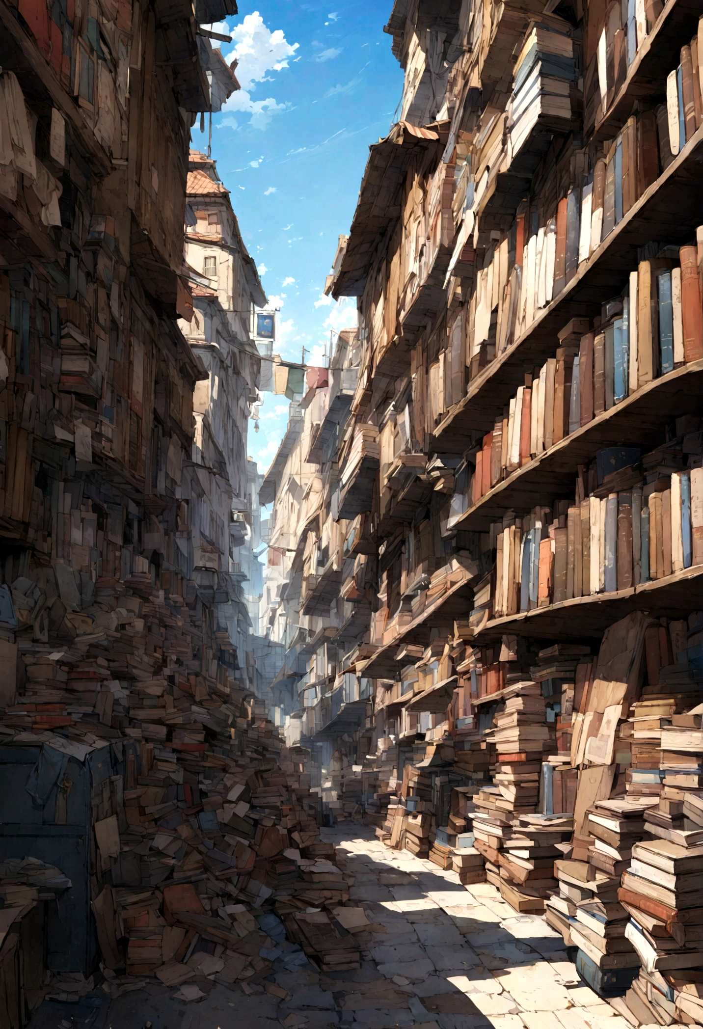 Seaside Shops、woman、book store、Old books、Dense pile of books、Blue sky