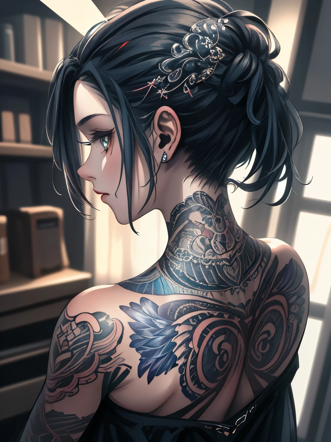 woman, 20-year-old, Angle from behind, Tattoo on back, Masterpiece, Committed to ultra-high definition and vivid colors, Super detailed, Attention to detail, highest quality, 8K, 16K, Exquisite detail, A style that combines romanticism and realism, High resolution, Perfect Anatomy, 