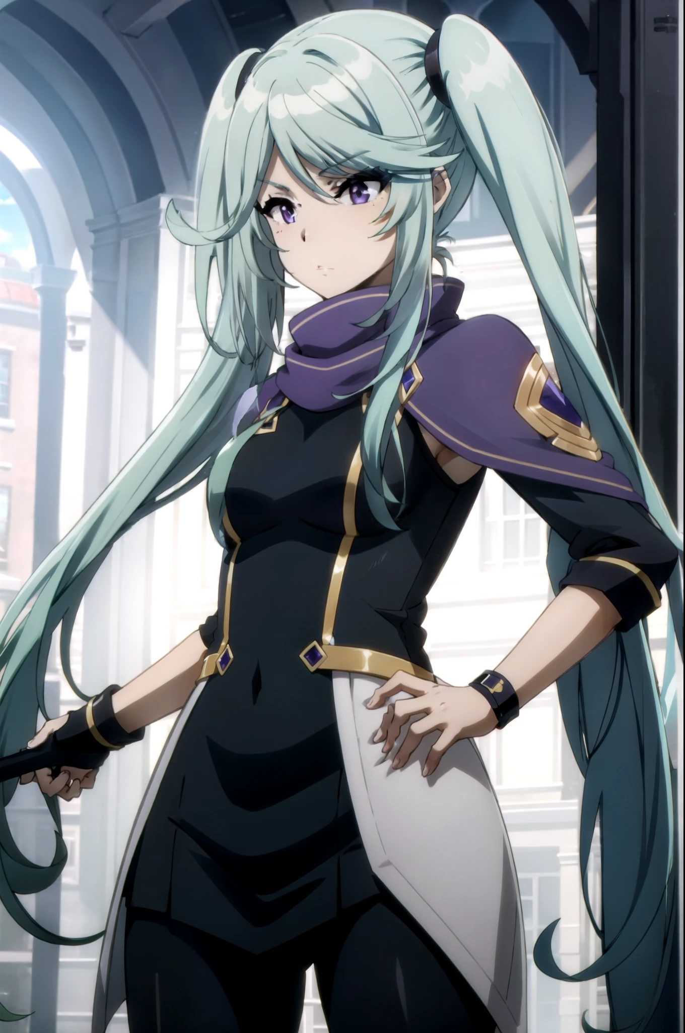 1girl, twintails, purple eyes, long hair, blue hair