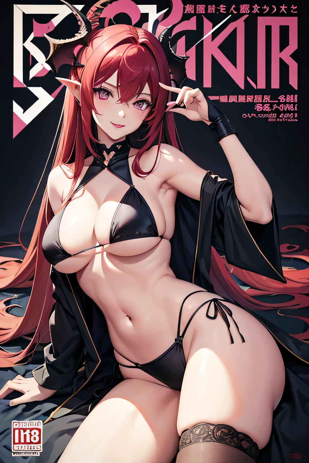 cover magazine, Solitary, 1Miss, Japanese cartoons, Miss, sister sister, adult Miss, Mother, Solitary, long hair, Unusual hairstyles, Red hair, Purple Eyes, Pointed ears, Model, actor, beautiful, dragon, Gentle smile, dragon horn,, Large Breasts, sunglasses, lipstick,high resolution,Detailed background,Bikini,