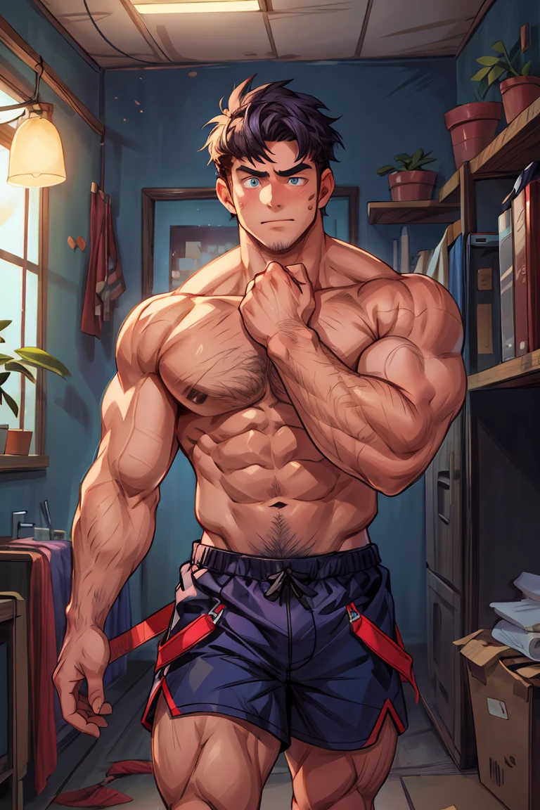 Very thin waist,Thick arms,(masterpiece,best quality,H),1 person,Nude boy,Very shy,My face turned red,Shy,muscular,Delicateeyes,nude,(nude),blue eyes,Shirtless,Upper body,Blue purple short hair,(fluorescent lamp),(a color),((Blue Background)),Shorts with white stripes,Thick arms,Broad shoulders,Strong without looking bulky,Tall figure,extremely tall height,The room looked very small in his eyes.,Hairy body,Very large body,Covered in muscles,Very strong,powerful,huge,biggest