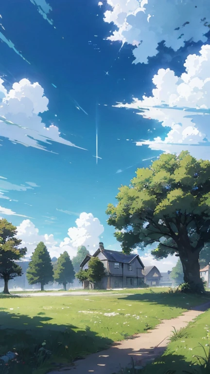 anime landscape with a house and a tree in the middle, anime countryside landscape, anime landscape wallpaper, beautifull puffy clouds. anime, beautiful anime scenery, beautiful anime scene, anime clouds, anime beautiful peace scene, anime background art, anime background, hd wallpaper, anime landscape, anime scenery, anime art wallpaper 4 k, anime art wallpaper 4k
