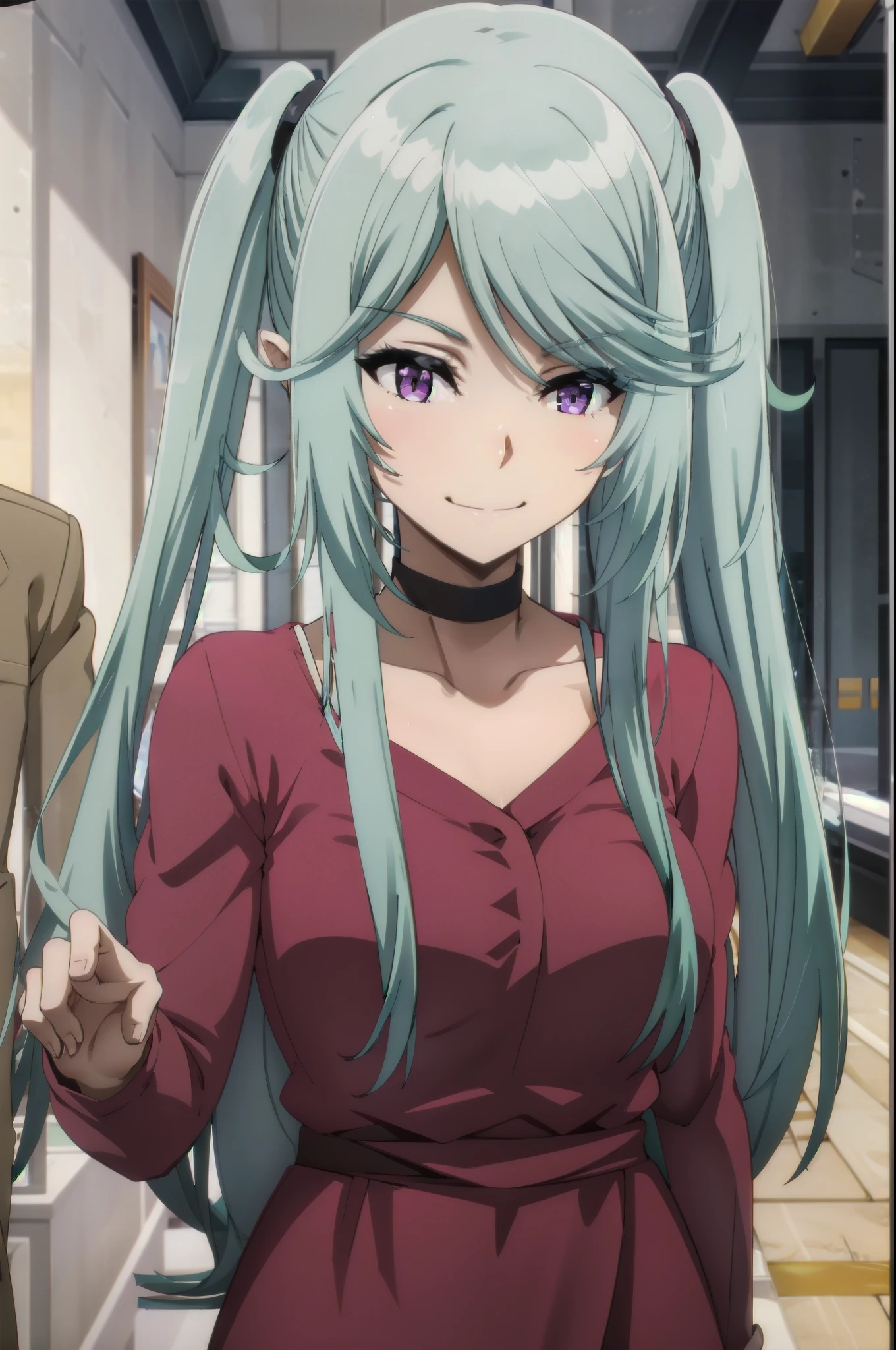 tall body, tall, long legs, mature female, mature, adult, simple background eft_eminence_epil, 1girl, twintails, purple eyes, long hair, smile, choker, looking at viewer, solo focus, multiple boys, dress, 2boys, red dress, bangs, blue hair, indoors, very long hair, collarbone, upper body, closed mouth, breasts, red choker, anime coloring, sidelocks