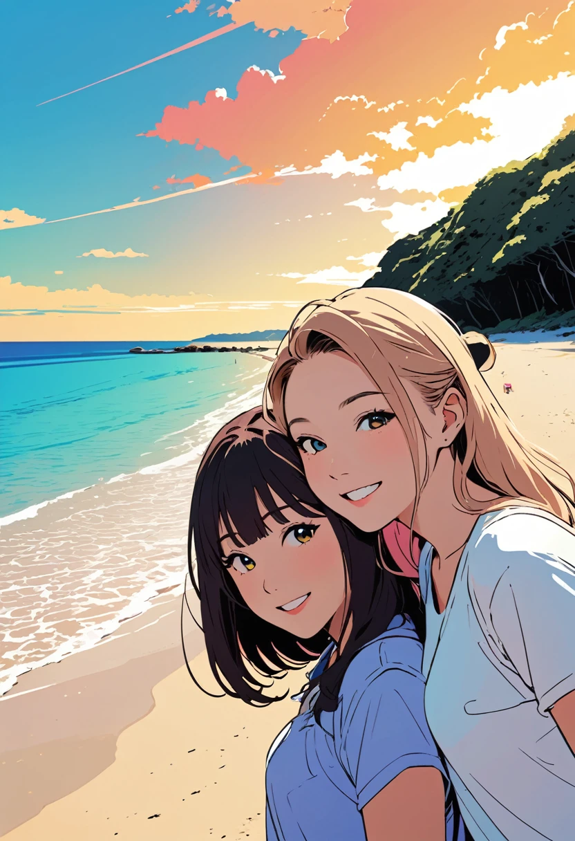 (masterpiece, best quality:1.1),
popart style,flat color,(2girls),cute face,tween,(enjoy trip),(Aharen beach,Okinawa),Japan, beautiful detailed scenery, friendly,very happy,beautiful lighting,dynamic angle,depth of field,photographic portrait, sharp,