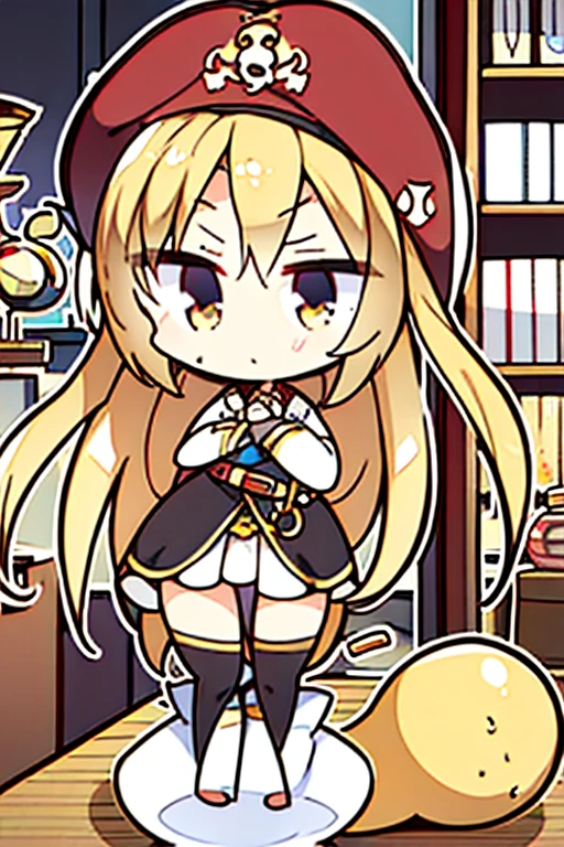 A golden-haired female angel with hazel eyes and an hourglass figure, wearing a conservative pirate's outfit is shopping in a pirate city market
