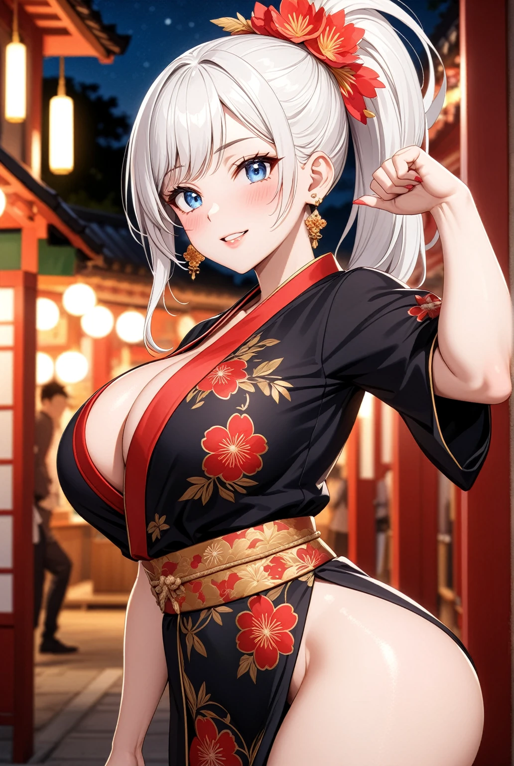 ((one personの女性)), Beautiful Face,Laugh shyly,((Wink:1.1)),Laughing with your mouth open,turn bright red,Glossy pink lips,night,Shrine festival stalls,((Anime style background)),masterpiece, highest quality, so beautiful, up to date, Complex details, (Pink long nails),AI-generated, Complex,High resolution, highest quality, super high quality,3D Images、View your audience、3D Images,one person,Long white hair,High Ponytail,blue eyes,Anime woman posing for a photo, [[Fine grain、Colorful eyes、Shining Eyes:1.15]],(Squint your eyes:1.1),a hyperRealistic , hyperRealistic , Realistic,Long haired white haired anime woman, Smooth anime CG art, A woman in a colorful kimono with gold embroidery, (Black kimono),Red floral pattern,Long flower hair ornament,Big earrings,(Big Breasts:1.1),Mature Body,tall,Big Ass,Fine details,Tight waist,Abdominal muscles,(Face close-up:1.5),Tilt your face,Shooting from an angle,Clench both hands and make a fist