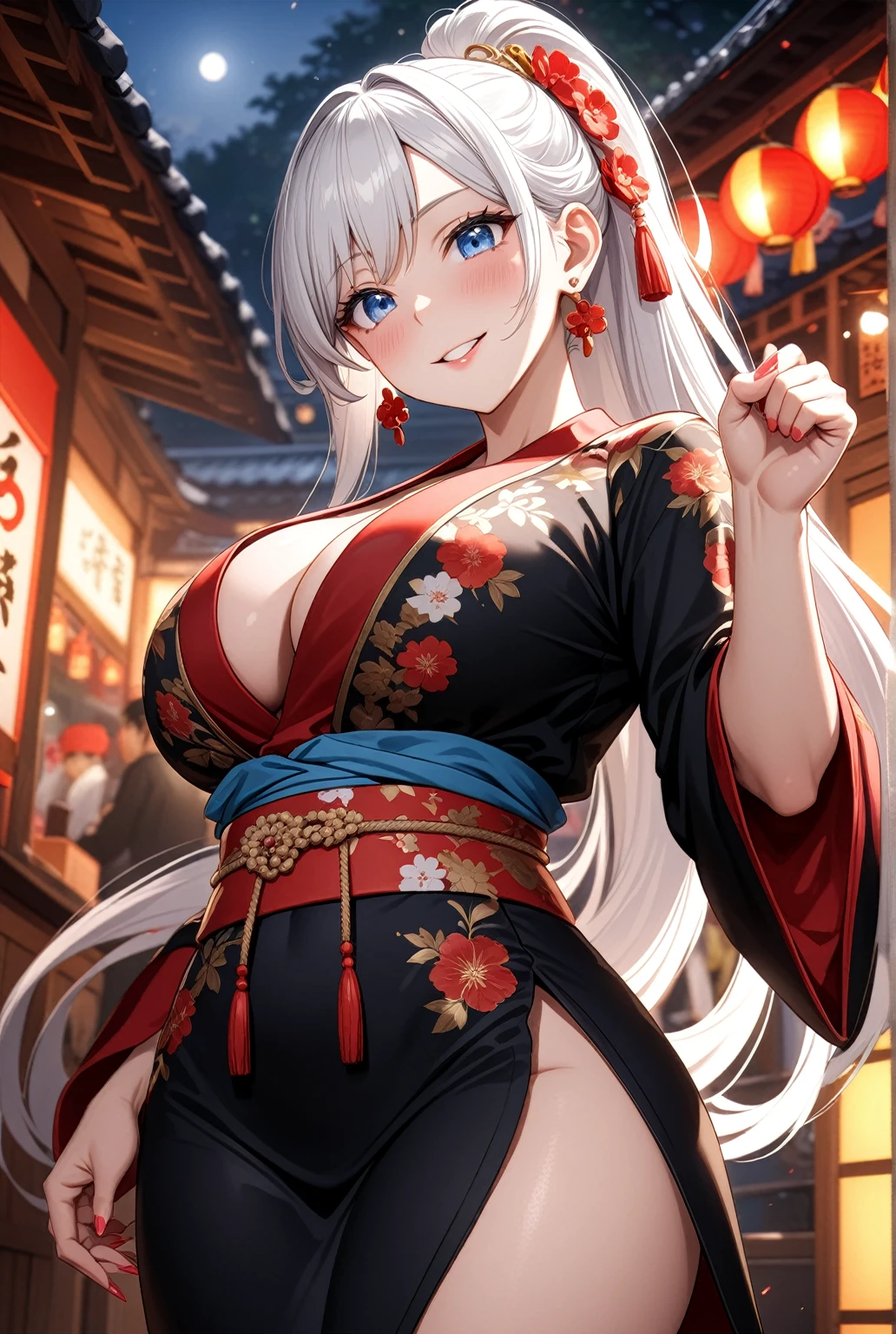 ((one personの女性)), Beautiful Face,Laugh shyly,((Wink:1.1)),Laughing with your mouth open,turn bright red,Glossy pink lips,night,Shrine festival stalls,((Anime style background)),masterpiece, highest quality, so beautiful, up to date, Complex details, (Pink long nails),AI-generated, Complex,High resolution, highest quality, super high quality,3D Images、View your audience、3D Images,one person,Long white hair,High Ponytail,blue eyes,Anime woman posing for a photo, [[Fine grain、Colorful eyes、Shining Eyes:1.15]],(Squint your eyes:1.1),a hyperRealistic , hyperRealistic , Realistic,Long haired white haired anime woman, Smooth anime CG art, A woman in a colorful kimono with gold embroidery, (Black kimono),Red floral pattern,Long flower hair ornament,Big earrings,(Big Breasts:1.1),Mature Body,tall,Big Ass,Fine details,Tight waist,Abdominal muscles,(Face close-up:1.5),Tilt your face,Shooting from an angle,Clench both hands and make a fist