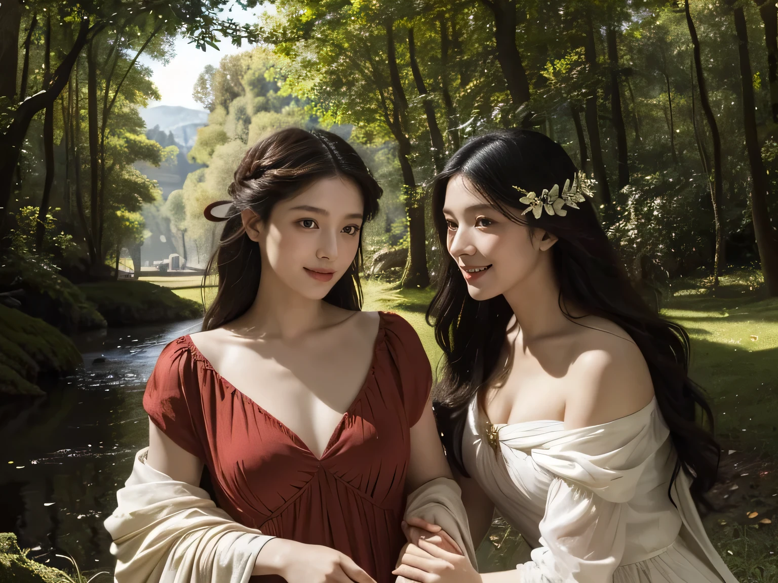Giorgione painting style,Barbizon forest A beautiful woman in Greek dress smiles on the shore,Sweet and seductive appearance.、Caravaggio's paintings、Chiaroscuro of Caravaggio、hair tousled by the wind,Two women frolicking,cute smile, expression of ecstasy,Sexy,erotic, full body portrait