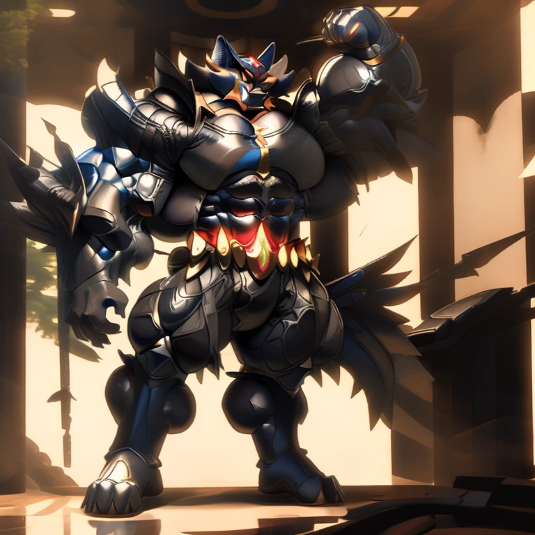 (Incineroar, 8K), (Masterpiece, highres), (wearing Armor Suit, black visor, black Armor Suit), (Detailed head, Detailed Body, Detailed abs, full body), (gigantic muscles, Gigachad Muscular, big muscle, pecs, triceps, traps, unusually developed muscular body, body full of huge muscles. showing off muscles, pectorales enormes, Exaggeratedly huge muscles.), (nj5furry, The claws are sharp, Sharp teeth, sharp claws), (long legs), (black wings, Spread wings, It has wings, have big wings), (Incineroar in stylish Armor Suit), (bodybuilder, the bodybuilding competition, huge muscular bodybuilder with extraordinary biceps), sitting on the throne,
