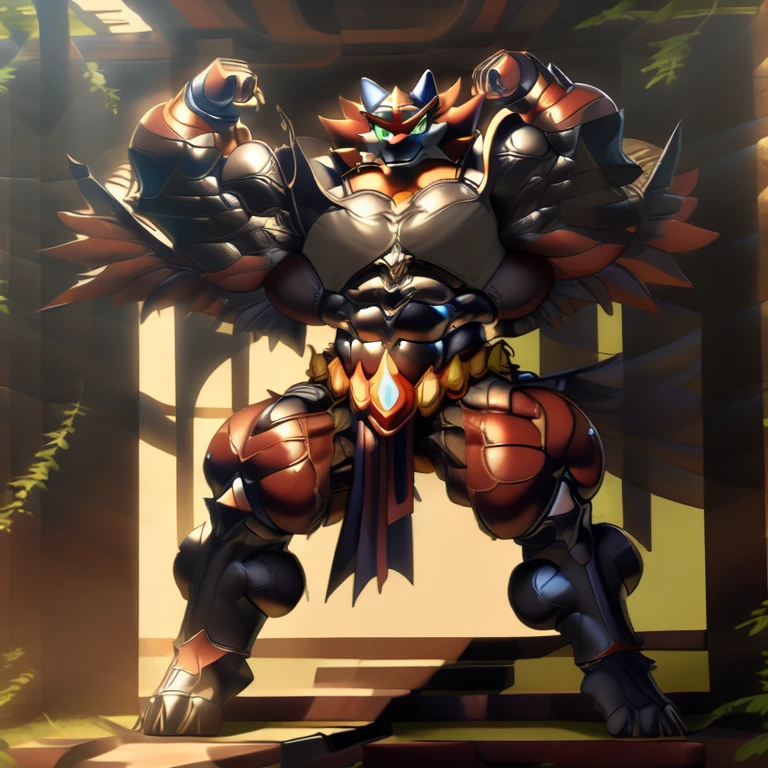 (Incineroar, 8K), (Masterpiece, highres), (wearing Armor Suit, black visor, black Armor Suit), (Detailed head, Detailed Body, Detailed abs, full body), (gigantic muscles, Gigachad Muscular, big muscle, pecs, triceps, traps, unusually developed muscular body, body full of huge muscles. showing off muscles, pectorales enormes, Exaggeratedly huge muscles.), (nj5furry, The claws are sharp, Sharp teeth, sharp claws), (long legs), (black wings, Spread wings, It has wings, have big wings), (Incineroar in stylish Armor Suit), (bodybuilder, the bodybuilding competition, huge muscular bodybuilder with extraordinary biceps), sitting on the throne,