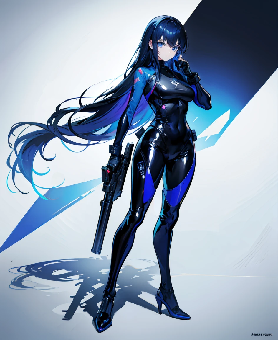 There is no background,girl,Carry a firearm,Patent leather tight suit,Use of firearms,Navy blue long hair,attention arousal,Blue colored eyes,No gradients