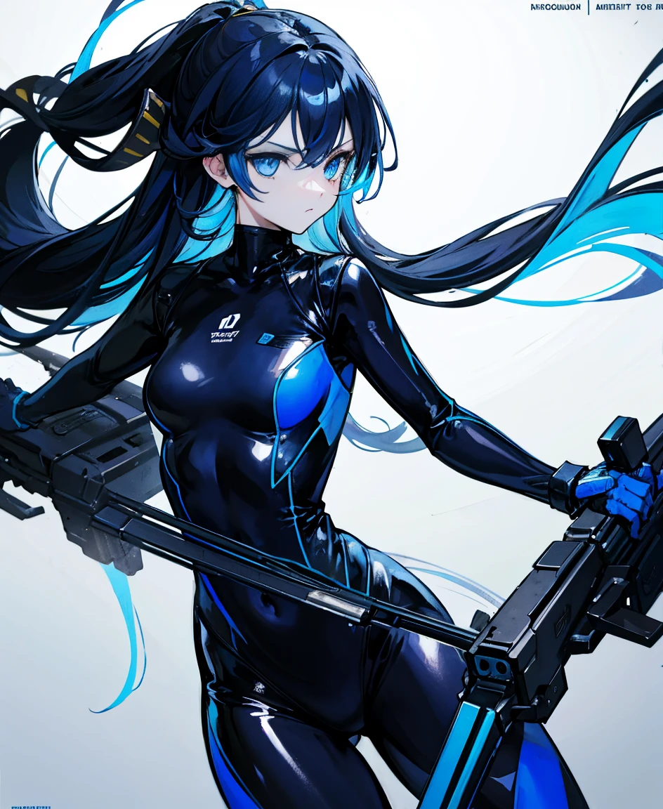 There is no background,girl,Carry a firearm,Patent leather tight suit,Use of firearms,Navy blue long hair,attention arousal,Blue colored eyes,No gradients