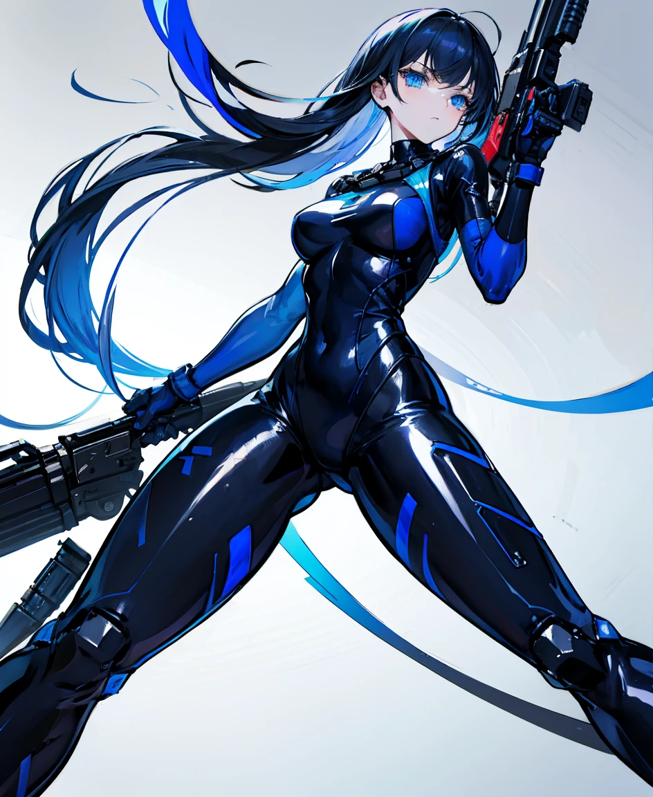 There is no background，girl，Carry a firearm，Patent leather tight suit，Use of firearms，Navy blue long hair，attention arousal，Blue colored eyes,No gradients