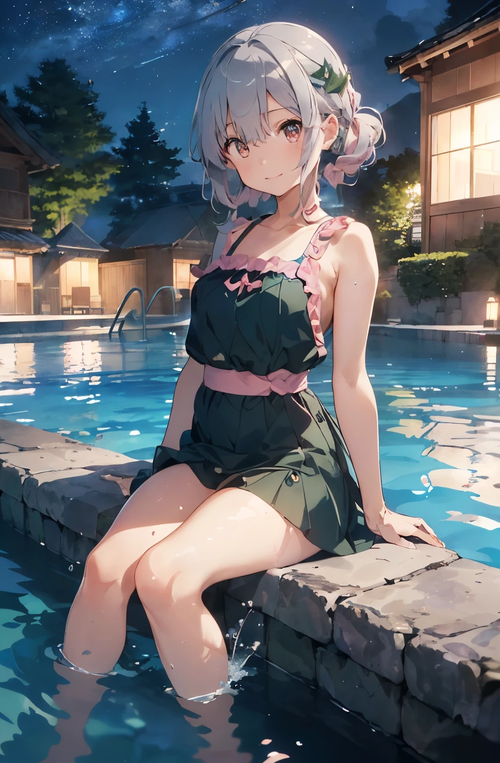 High resolution、A silver-haired girl drawn in the style of Japanese anime、Person sitting on a swim ring in an empty resort night pool々situation。(pinkの水着(､彼女は魅力的なpinkのビキニを着ています.、(pinkの水着)､The pool is beautifully lit、The surroundings are quiet and relaxing.､
(Masterpiece 1.5),super high quality, Very detailed,Perfect drawing,nfsw、beautiful woman、beautiful, Glowing Skin、A kind smile、beautiful black hair、Braiding、(((beautifulpinkの水着)))、(((pink、pinkの水着))),3D、16K Illustration、((Clear Face))、High resolution、Nice background、beautiful background、Spotlight、Vibrant colors、(((Detail View)))、Perfect beauty,beautiful指,beautiful手,Points First,nail,Place your arms behind your back,Wakame seaweed、Wakame seaweed、Wakame seaweed、Wakame seaweed、Wakame seaweed、Wakame seaweed、Wakame seaweed、