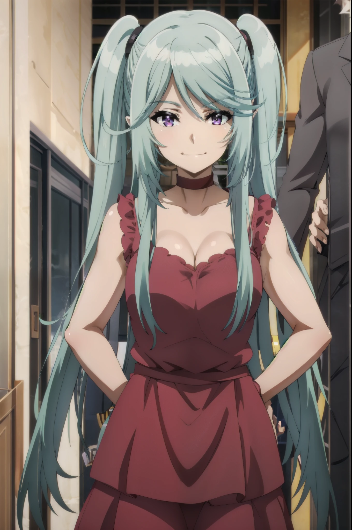 tall body, tall, long legs, mature female, mature, adult, simple background eft_eminence_epil, 1girl, twintails, purple eyes, long hair, smile, choker, looking at viewer, solo focus, multiple boys, dress, 2boys, red dress, bangs, blue hair, indoors, very long hair, collarbone, upper body, closed mouth, breasts, red choker, anime coloring, sidelocks