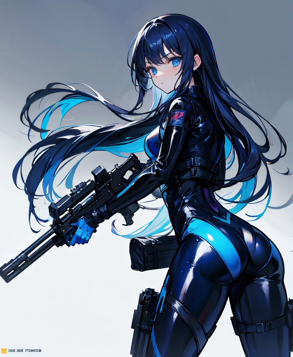 There is no background，girl，Carry a firearm，Patent leather tight suit，Use of firearms，Navy blue long hair，attention arousal，Blue colored eyes,No gradients