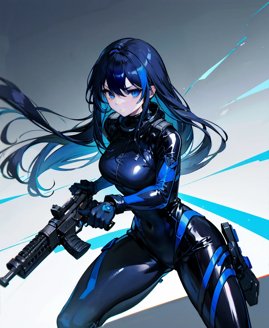 There is no background,girl,Carry a firearm,Patent leather tight suit,Use of firearms,Navy blue long hair,attention arousal,Blue colored eyes,No gradients