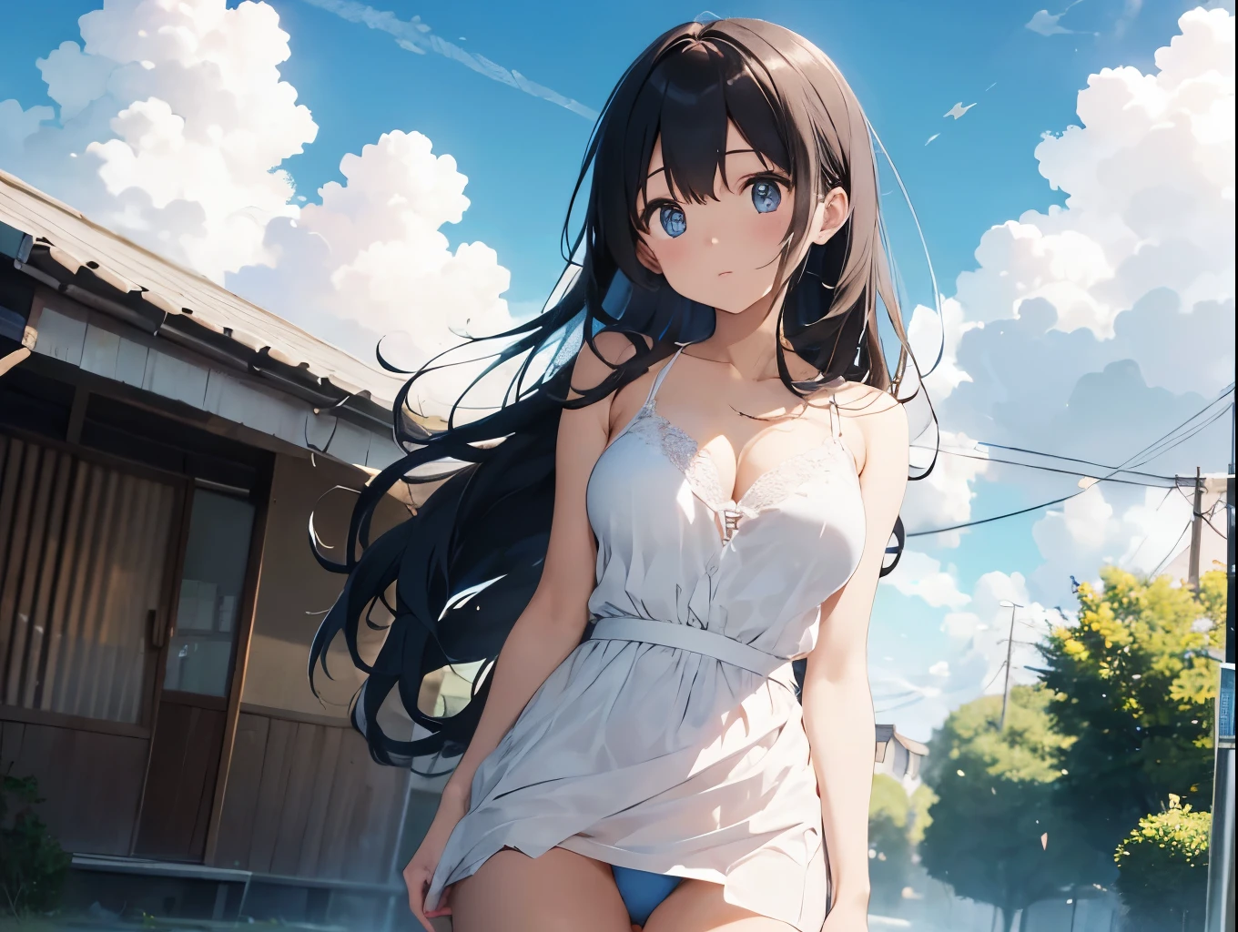 Beautiful breasts、A long white dress shirt with a thin blue bra showing through、Without skirt、Blue underwear、barefoot、Standing posture、Cumulonimbus cloud and blue sky
