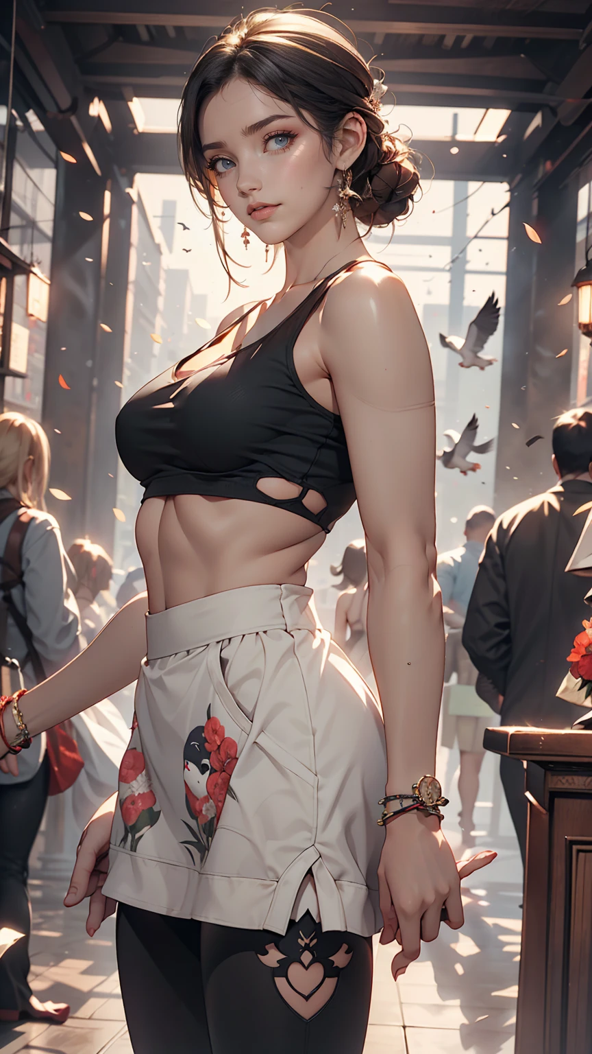 24-year-old female、Put your hands together and thrust them forward、Many pigeons land on my hands、Front cutout((front cutout))Wear tops、Wear low rise leggings、smile、View your viewers