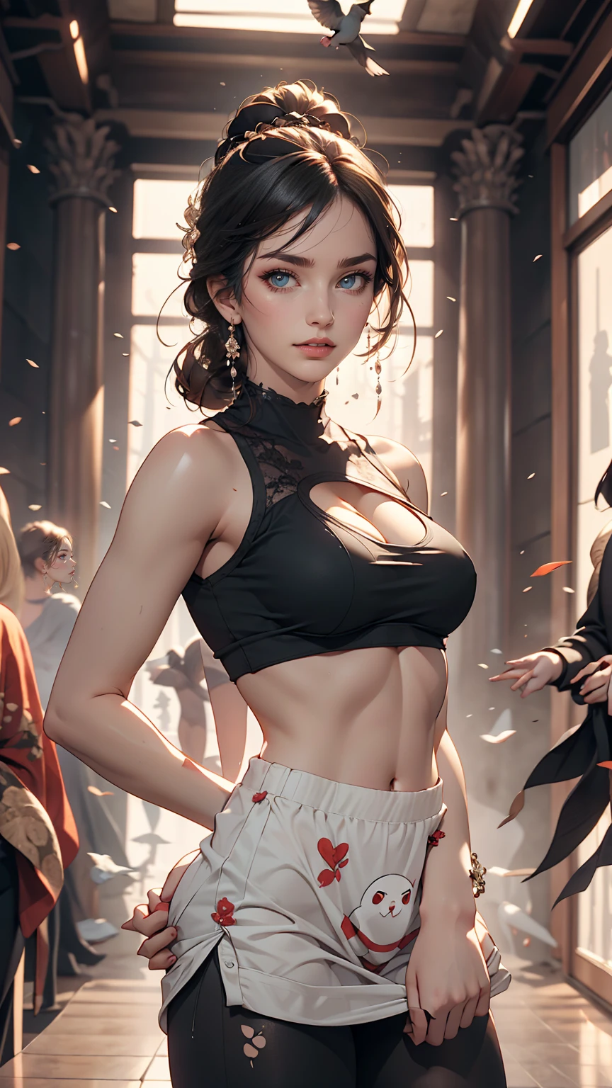 24-year-old female、Put your hands together and thrust them forward、Many pigeons land on my hands、Front cutout((front cutout))Wear tops、Wear low rise leggings、smile、View your viewers