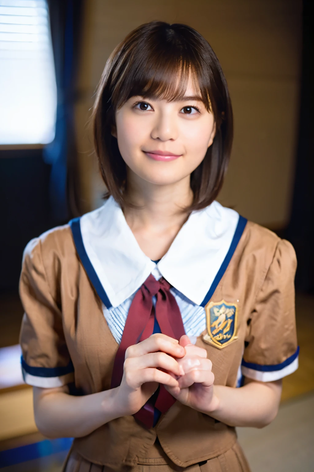 highest quality, Face Focus, Soft Light, Ultra-high resolution, (Realistic:1.4), RAW Photos, 1 Japanese girl, alone, cute, (A shy smile:0.5), (Brown eyes, Light in your eyes), Beautiful face in every detail, (Small box),(High resolution detail of human skin texture), (Short Bob Hair), break, In the classroom,Navy uniform, Best, skirt