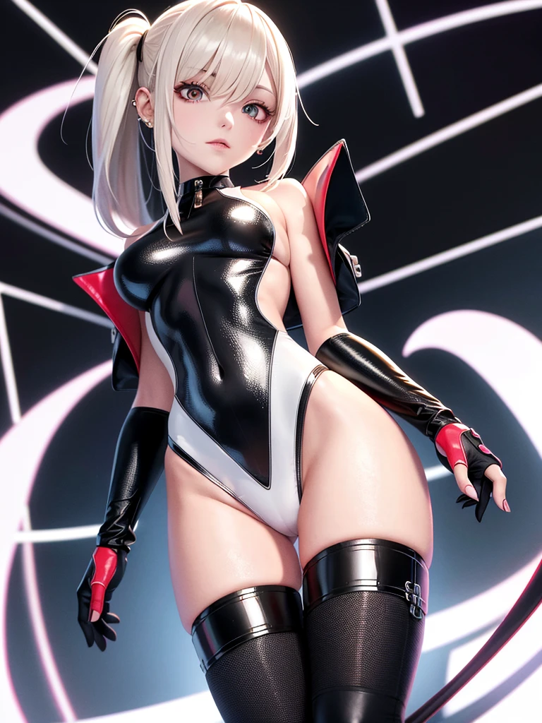 optimum,tmasterpiece,A high resolution,best qualtiy,hyper HD,super detailing,Award-Awarded,16k,solo,(The upper part of the body),anatomy correct,Beautiful cyberpunk girl,cute face,,Gradient Beige Hair,Hairline,((Scarlet eyes)),long eyelasher,Hanging eye corners,White skin of the,(small boobs),(Slim body),((Women's super short shawl leather jacket)),((racing_suit)),((High-Low_long skirt)),ear studs,(Neck strap),(Laser material clothing:1.2), naked girl, camel toe,