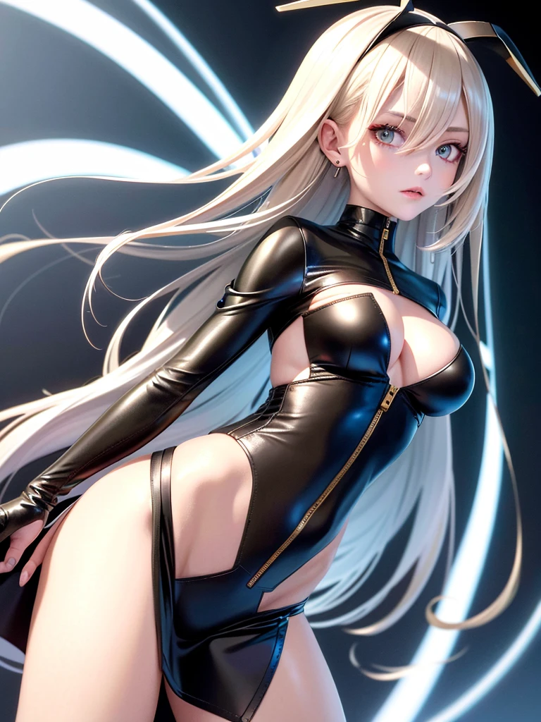 optimum,tmasterpiece,A high resolution,best qualtiy,hyper HD,super detailing,Award-Awarded,16k,solo,(The upper part of the body),anatomy correct,Beautiful cyberpunk girl,cute face,,Gradient Beige Hair,Hairline,((Scarlet eyes)),long eyelasher,Hanging eye corners,White skin of the,(small boobs),(Slim body),((Women's super short shawl leather jacket)),((racing_suit)),((High-Low_long skirt)),ear studs,(Neck strap),(Laser material clothing:1.2), naked girl, camel toe,