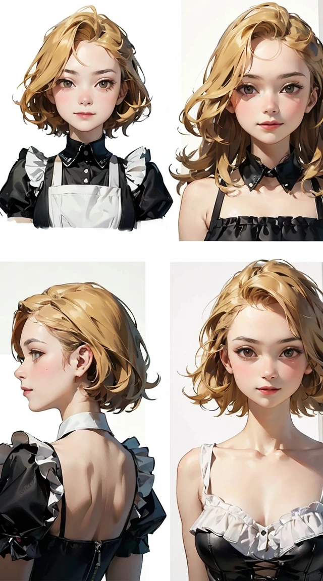 (masterpiece, 8K, highest quality, Very detailed, 1 mature woman), (Consistent personality, Same character), (Blonde Hair, Yellow Eyes), (Very detailed face and skin texture, Fine grain), Wicked Smile, Large Breasts, alone, (Maid), White Background, Bare shoulders, Captivating smile, (Multiple Views, multiple angles), Side view, Front view, look up, Looking down, Rear view, 20-degree head view