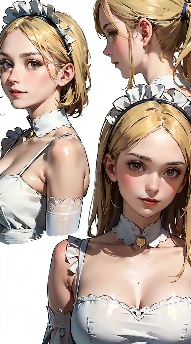 (masterpiece, 8K, highest quality, Very detailed, 1 mature woman), (Consistent personality, Same character), (Blonde Hair, Yellow Eyes), (Very detailed face and skin texture, Fine grain), Wicked Smile, Large Breasts, alone, (Maid), White Background, Bare shoulders, Captivating smile, (Multiple Views, multiple angles), Side view, Front view, look up, Looking down, Rear view, 20-degree head view