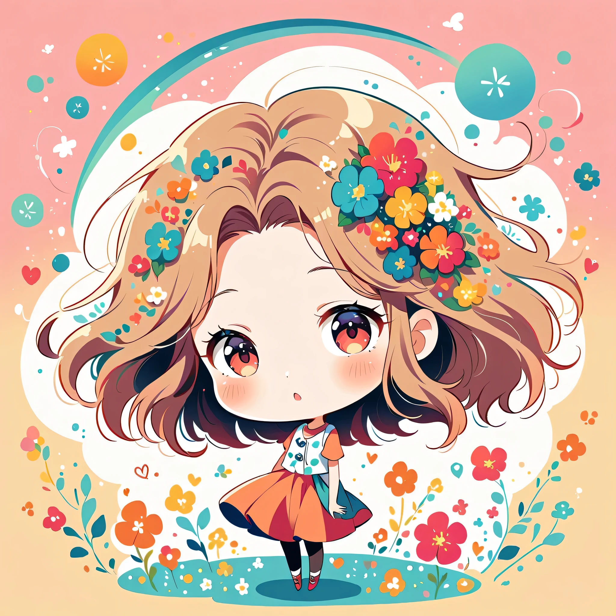 Hayao Miyazaki Style、The most beautiful girl of all time、Lips in Love、Colorful flowers、Simple line initials、Abstract art、Paris Background, (((chibi))), 