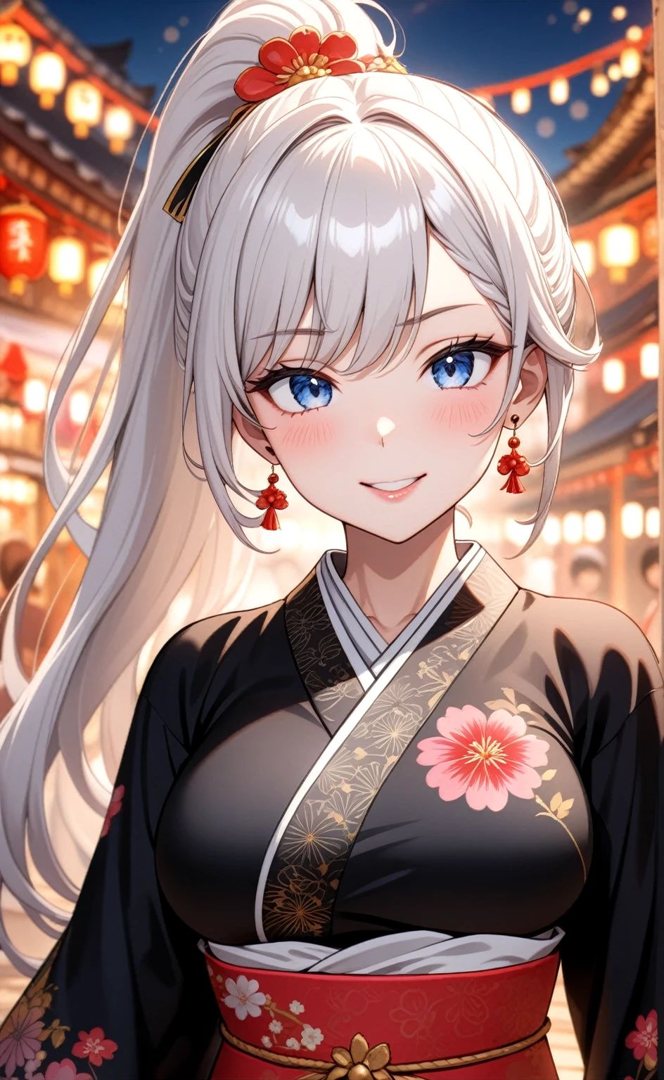 ((one personの女性)), Beautiful Face,Laugh shyly,((Wink:1.7)),Laughing with your mouth open,turn bright red,Glossy pink lips,night,Shrine festival stalls,((Anime style background)),masterpiece, highest quality, so beautiful, up to date, Complex details, (Pink long nails),AI-generated, Complex,High resolution, highest quality, super high quality,3D Images、View your audience、3D Images,one person,Long white hair,High Ponytail,blue eyes,Anime woman posing for a photo, [[Fine grain、Colorful eyes、Shining Eyes:1.15]],(Squint your eyes:1.1),a hyperRealistic , hyperRealistic , Realistic,Long haired white haired anime woman, Smooth anime CG art, A woman in a colorful kimono with gold embroidery, (Black kimono),Red floral pattern,Long flower hair ornament,Big earrings,(Big Breasts:1.1),Mature Body,tall,Big Ass,Fine details,Tight waist,Abdominal muscles,(Face close-up:1.5),Tilt your face,Shooting from an angle,Put on a mask