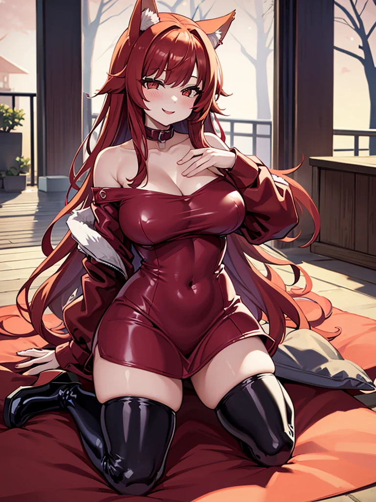 Happy woman, with wolf ears and red hair, holding her cheeks, wolf tail, wearing a latex dress, looking at veiwer, full body, you can see her chest, naked breasts