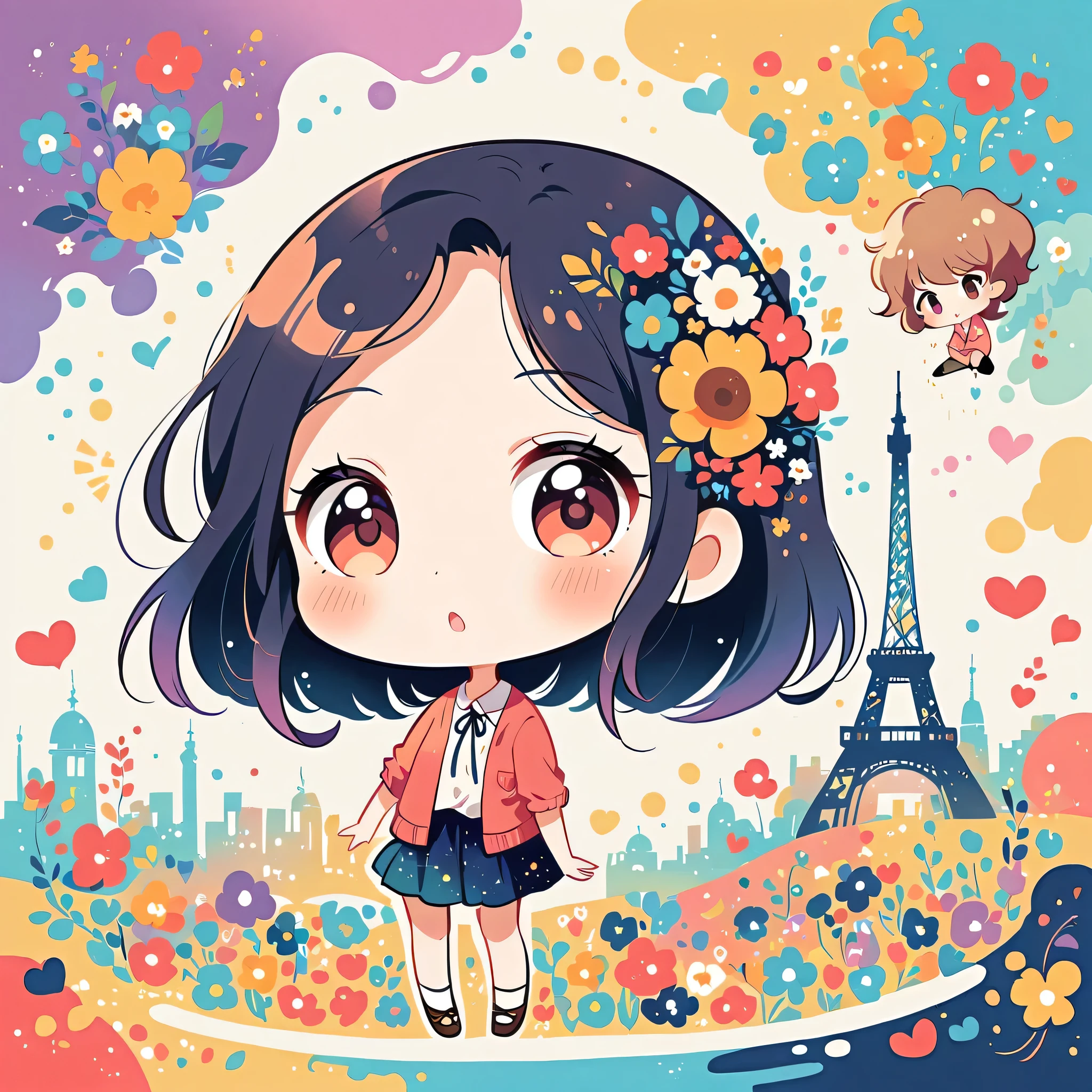 Hayao Miyazaki Style、The most beautiful girl of all time、Lips in Love、Colorful flowers、Simple line initials、Abstract art、Paris Background, (((chibi))),