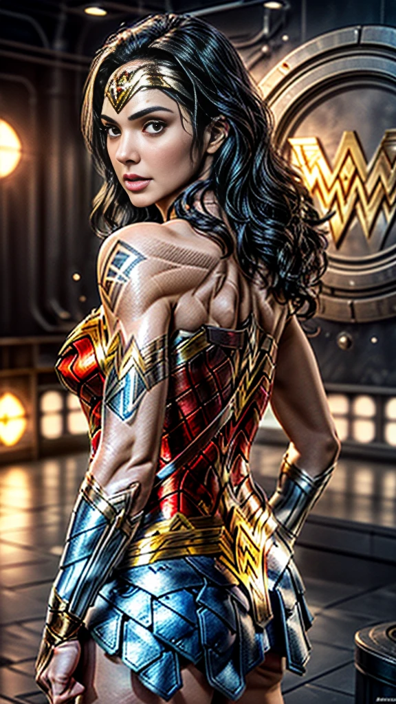 8K, Best Quality, Masterpiece, Ultra High Resolution,(Ultra-detailed face, Eyes wide open:1.3), (Wonder woman: 1.5), (upper body image:1.3), (looking back to viewer: 1.5),(tattoo on back: 1.5), (highly detailed CG unity 8k wallpaper), (best illustration), (best shadows), isometric 3D , octane rendering, ray tracing, highly detailed, Wonder woman with spacemap tattoo on back, space city background view
