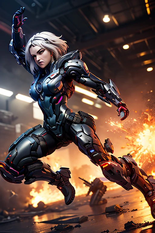3D illustration, Ilya Kuvshinov’s style, The outlines of your body and equipment shine brightly like neon lights.(((must))), Armed with futuristic protectors(((must))), A Russian girl in her early 20s with ash grey hair, A dynamic figure jumping over explosives at his feet in a crumbling research facility that has turned into a battlefield, The face is precisely expressed(((must)))