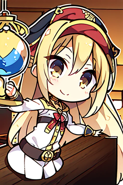 A golden-haired female angel with hazel eyes and an hourglass figure, wearing a conservative pirate's outfit is smiling in a bar at a pirate island