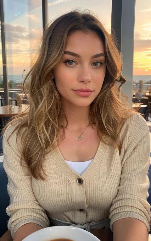 belle blonde portant un pull beige (sipping coffee in a modern cafe at sunset), very detailed, 21 ans, Visage innocent, natural wavy hair, yeux bleus, high resolution, chef-d'artwork, Best quality, Intricate details, very detailed, Sharpness, detailed skin, Realistic skin texture, texture, detailed eyes, professionnel, 4k, Sourire charmant, shot with Canon, 85mm, faible profondeur de champ, Kodak Vision Couleur, corps parfaitement ajusté, Extremely detailed, Photo_\(ultra\), photoRealistic, Realistic, Post-traitement, maximum detail, roughness, vrai vie, ultra Realistic, photorealism, la photographie, 8K UHD, la photographie