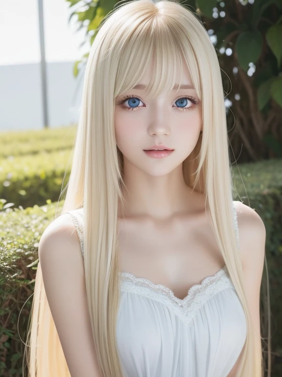 White shiny beautiful skin、Blonde hair color changing with light、Long bangs block the view、Highlights of cheek luster、Sexy and very beautiful nice cute gorgeous face、The most beautiful face in the world、Super Long Gorgeous Spare Blonde Hair、Smooth straight hair、Big, Shining light blue eyes、Beautiful bangs、Beautiful cute girl at 16 years old