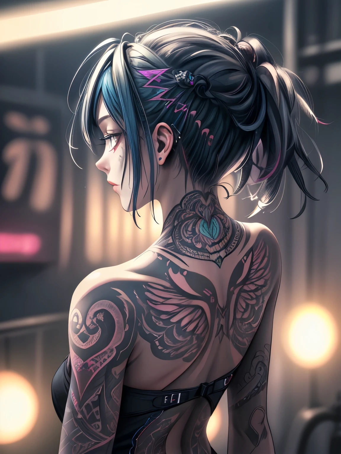 woman, 20-year-old, Angle from behind, Neon tattoo on the back, Masterpiece, Committed to ultra-high definition and vivid colors, Super detailed, Attention to detail, highest quality, 8K, 16K, Exquisite detail, A style that combines romanticism and realism, High resolution, Perfect Anatomy,