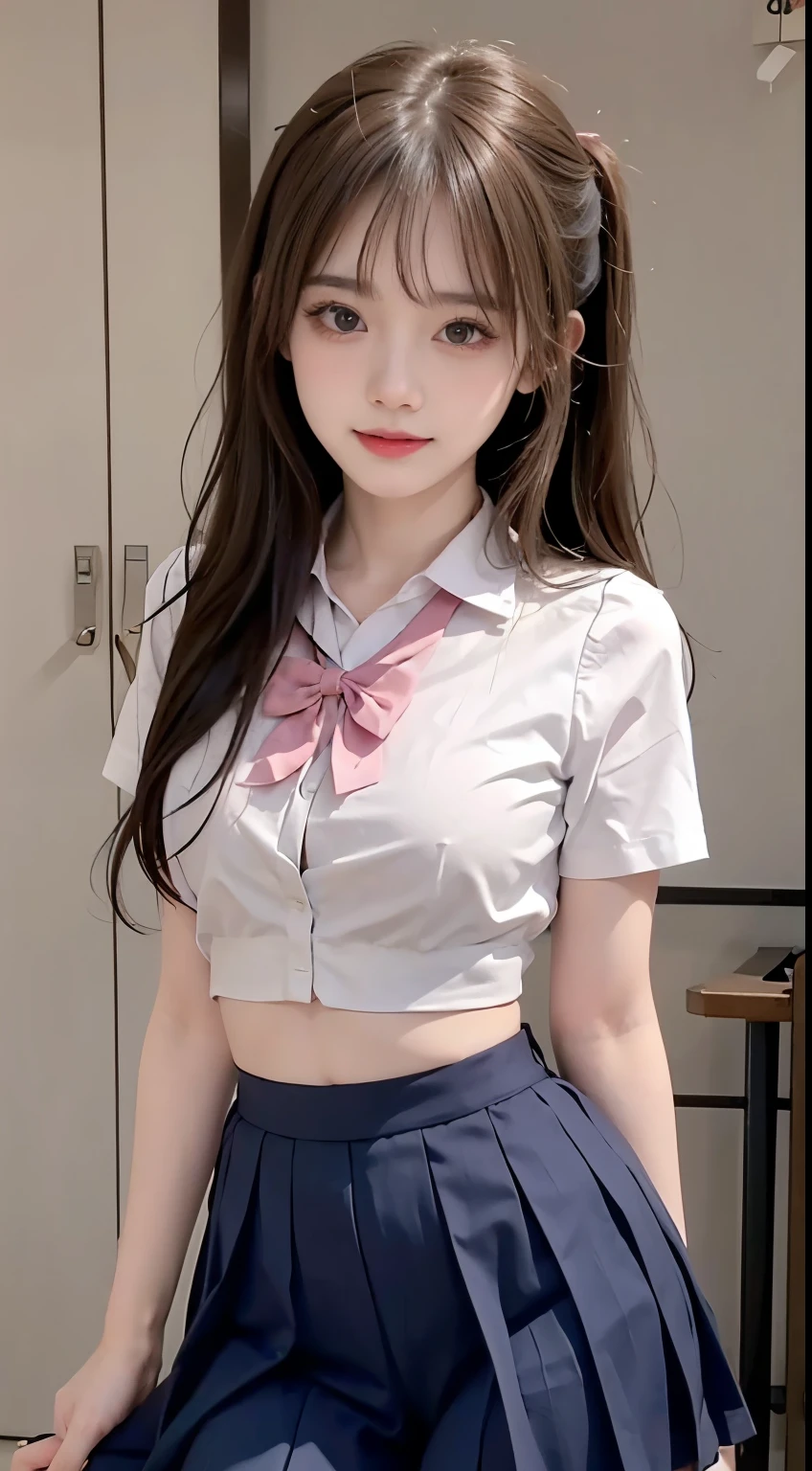 (masutepiece, Best Quality:1.2), 18year old、top-quality, masterpiece, hight resolution, 8K, (realisitic: 1.4), 超A high resolution, 1 rapariga, ultra-detailliert, Surreal, High Definition CG Illustration, Official art, ciinematic light, Realisticity, Young beautiful girl, Perfect figure, Perfect figure, Full view, the perfect body, (from bellow: 1.3), masks, the pose, Sexy long legs, which are full of confidence、beautiful sexy、gray short sleeves、open abdomen,、Short jeans、S-shaped body、 Upturned hips、Assuming、the pose、Different Perspectives Clear Lighting, , Detailed face, Bokeh background, (dark red necktie:1.1)、slim figure、Skinny face、thin jaws