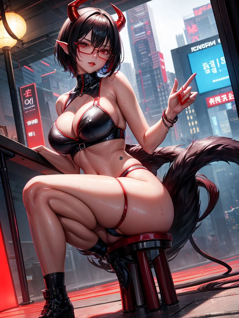 Beautiful girl,Korea, sitting on red light neon, futuristic,
18 years old,Short hair, shoulder length,black hair, big breasts,wet, sweat, camel toe, red lips ,Wear glasses,
White underwear, sexy pose,
red eyes, cyberpunk world, Squat and spread your legs. Sexy lady, naked girl,
Two horns and a red demon tail, succubus,