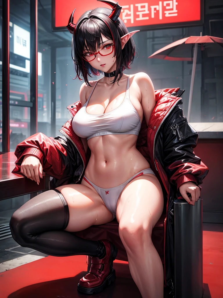 Beautiful girl,Korea, sitting on red light neon, futuristic,
18 years old,Short hair, shoulder length,black hair, big breasts,wet, sweat, camel toe, red lips ,Wear glasses,
White underwear, sexy pose,
red eyes, cyberpunk world, Squat and spread your legs. Sexy lady, naked girl,
Two horns and a red demon tail, succubus,