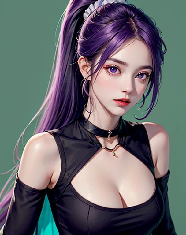 Martina,Purple eyes, Purple Hair, Very long hair, ponytail, Hair Scrunchie, Green choker, O-ring top, Tank top, No sleeve, West Cape, Black shorts, Green Zone, boots,fc portrait  